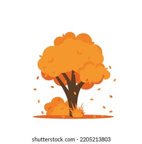 Coloridos árboles de otoño. Árbol de otoño amarillo de caricatura naranja y arbusto de jardín otoñal icono con hojas de oro de temporada de otoño para el parque de la ciudad y el paisaje forestal vector de fondo aislado símbolo Eps 10