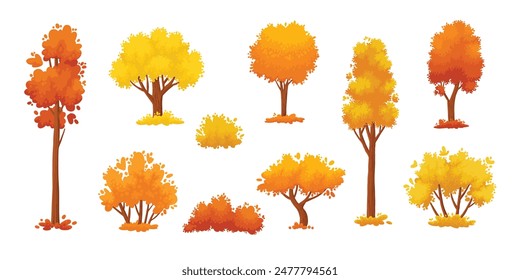 Colorful autumn trees. Cartoon yellow orange fall tree and autumnal garden bush icon with fall season gold leaves for city park and forest landscape background vector isolated symbol set on white