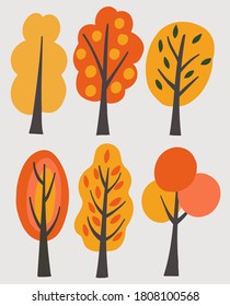 Colorful autumn trees collection on white background