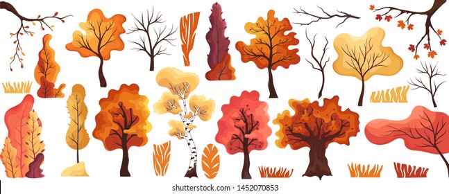 Colorful Autumn Trees Flat Set.Collection Maple,oak,birch,bushes,grass.Cartoon Yellow Orange Fall Tree And Autumnal Garden Bush Icon With Fall Season Gold Leaves For City Park And Forest Landscape