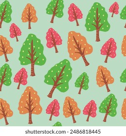 Colorful autumn trees seamless pattern for wallpaper, cloth and textile. Botanical texture on mint green background,