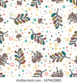 Colorful Autumn Vector Seamless Pattern with Mountain Ash and Rowanberry. Hand Drawn Doodle Rowan Tree Leaves and Berries. Happy Thanksgiving Day Greeting Background