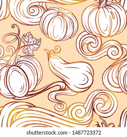 Colorful autumn vector seamless pattern with pumpkins and maple leaves. Sunny background in warm color palette.