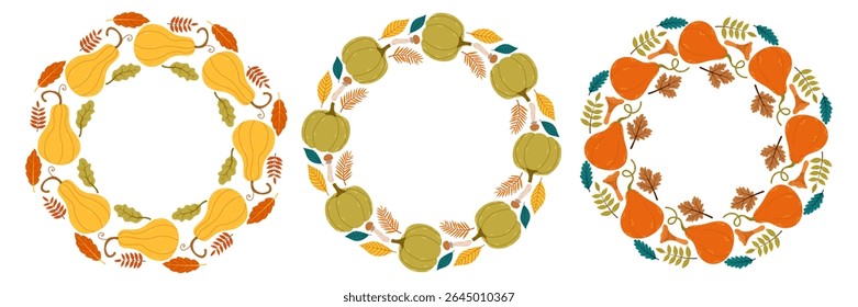 Colorful autumn wreath designs featuring squash, leaves, and seasonal elements for fall decor