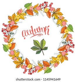 Colorful autumn wreath with different leaves and lettering