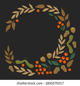 Colorful autumn wreath with hazelnut rowan berry maple oak tree seeds fruits and leaves. Flat autumn botanical vector centerpiece illustration isolated on dark background.