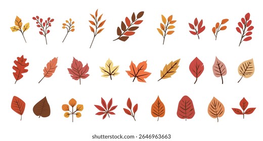 Coleção de ícones de folhas de outono coloridas. Conjunto de folhas caídas de outono. Ilustração vetorial.	