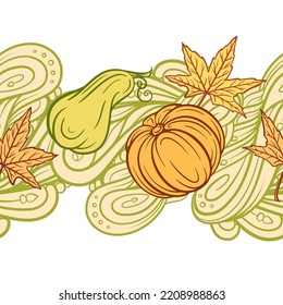 Colorful Autumnal Pumpkins And Leaves Vertical Seamless Border. Harvest Party Decoration.