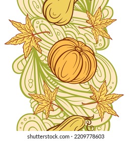 Colorful Autumnal Pumpkins And Leaves Vertical Seamless Border. Harvest Party Decoration.