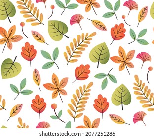 Colorful Autumnal Seamless Pattern Vector Illustration Isolated On White Background. 