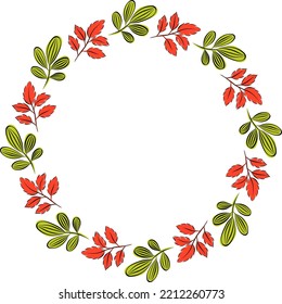 Colorful Autumnal wreath in round frame with leaves foliage. Simple cartoon flat style. Autumn composition. Holiday concept. Celebration banner. Thanksgiving day. Isolated on white.