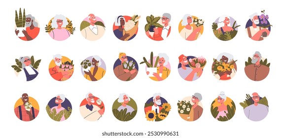 Colorful Avatars of Elderly Characters Holding Various Plants and Flowers. Each Icon Represents Unique Hobbies