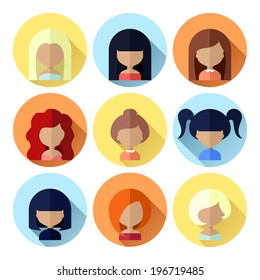 Colorful Avatars Female Circle Icons Set in Flat Style with Long Shadow