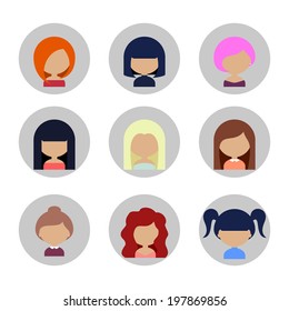 Colorful Avatars Female Circle Icons Set in Flat Style with Long Shadow