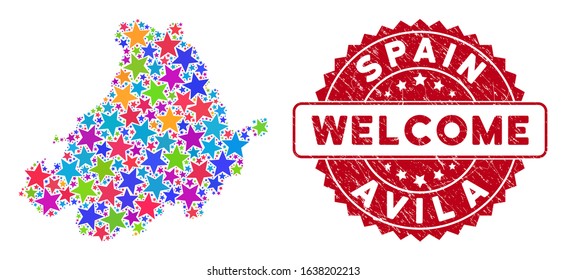 Colorful Avila Province map collage of stars, and distress rounded red WELCOME stamp. Abstract territorial scheme in colorful shades. Vector Avila Province map is designed of colorful stars.