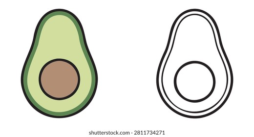 Colorful avocado half with seed along side simple outline drawing