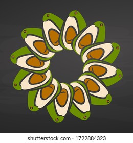 Colorful avocados arranged in a circle. Seamless round composition with hand drawn fruits. Vector illustration on blackboard.