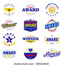 Colorful award labels, logo and badges collection with vintage design elements. Isolated  on white background. Vector.