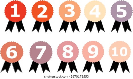 Colorful Award Ribbon vector Set for Ranking, Achievement, Competition, Merit Badges, Ceremony, Classroom Rewards, Numbers 1 to 10