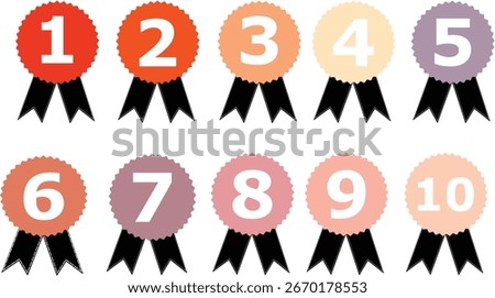 Colorful Award Ribbon vector Set for Ranking, Achievement, Competition, Merit Badges, Ceremony, Classroom Rewards, Numbers 1 to 10
