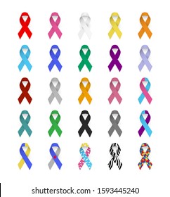 Colorful Awareness ribbons. Emblem of cancer, AIDS, hepatitis, lupus, diabetes, epilepsy, autism, down syndrome, neurological diseases and etc. Set of isolated vector illustration on white background