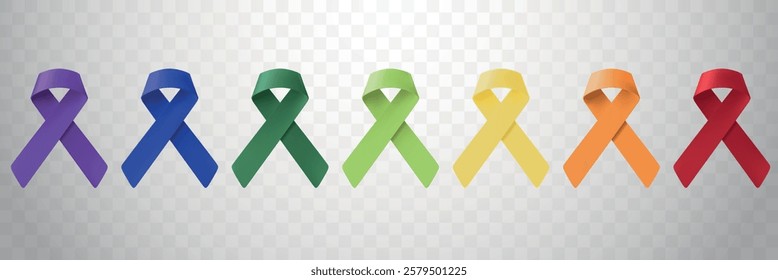 Colorful awareness ribbons in purple, blue, green, yellow, orange, and red. Ribbons symbolize various causes and awareness efforts. Vibrant ribbon display. Awareness ribbons, isolated element vectors.