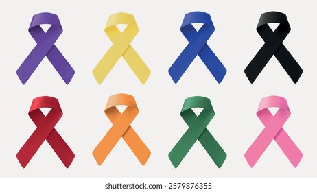 Colorful awareness ribbons in purple, yellow, blue, black, orange, green, and pink. Each ribbon symbolizes different causes and awareness efforts. Awareness ribbons, isolated element vector set.