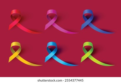 Colorful Awareness Ribbons, Red, Pink, Blue, Yellow, Green, Awareness, Ribbon, Cancer, AIDS, Support, Charity, Health