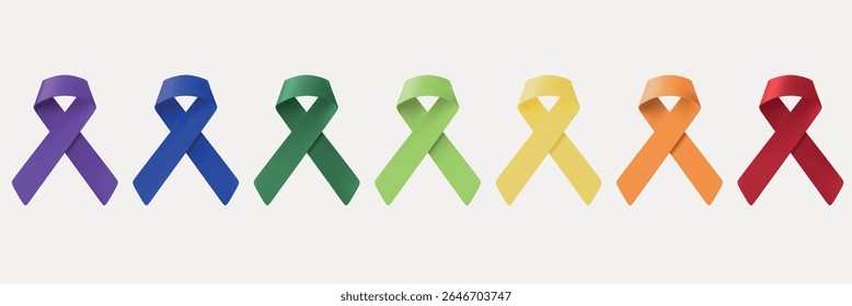 Colorful awareness ribbons in a row: purple, blue, green, yellow, orange, red. Each ribbon represents different causes, symbolizing awareness and support. Awareness ribbons, isolated element vectors.