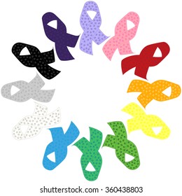 Colorful awareness ribbons silhouette isolated on the white (transparent) background. Circle border frame with space for text. Childhood Cancer Awareness symbol. Vector illustration eps 