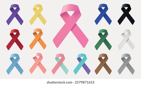 Colorful awareness ribbons in various shades. Pink, purple, yellow, blue, black, orange, green, and more. Symbolic ribbons for causes and awareness. Awareness ribbons, isolated element vector set.