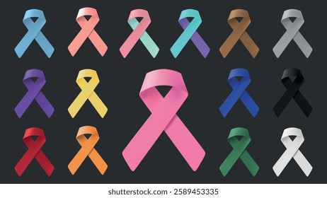 Colorful awareness ribbons in various shades, including pink, blue, and yellow, on a dark background. Each ribbon symbolizes different causes and awareness efforts. Awareness ribbons, vector set.