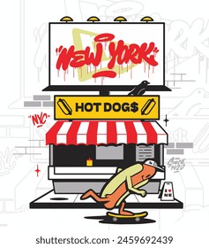 Colorful awesome illustration of street food hot dogs cafe in a city vector artwork for streetwear t shirt graphic