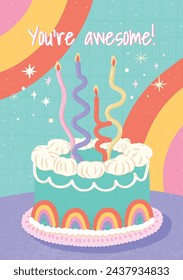 Colorful awesome party cake illustration greeting card