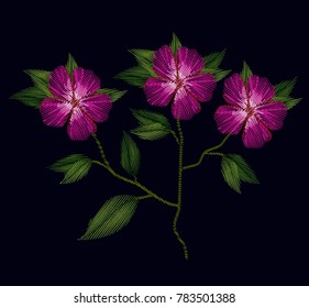 colorful azalea flowers plant set embroidery in black background