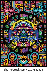 ilustración de vector decorativa azteca colorida. ornamento étnico tradicional. vector maya de estilo pulpo