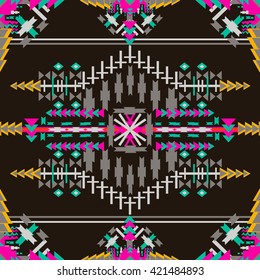 Colorful  aztec seamless pattern on dark background. Ethnic abstract geometric texture. Hand drawn navajo fabric. Can be used for wallpaper, web page background, fabric, paper, postcards. 