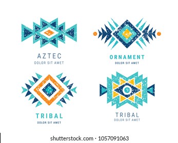 Colorful Aztec style ornamental geometric logo set. Indian ornate design. Tribal decorative templates. Ethnic ornamentation. Grungy shabby chic hipster texture. EPS 10 vector illustration.