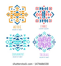 Colorful Aztec style ornamental geometric logo set. Indian ornate design. Tribal decorative templates. Ethnic ornamentation symbols. Grungy shabby chic texture. EPS 10 vector illustration