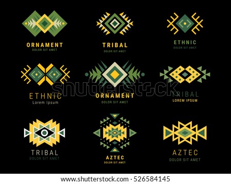 Colorful  Aztec style ornamental simple geometric logo set. American indian ornate pattern design collection. Tribal decorative templates. Ethnic ornamentation. EPS 10 vector illustration isolated.