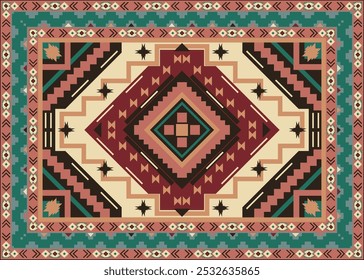 Colorido tribu azteca y fondo de alfombra roja. Patrón de diamante tribal sin fisuras, adorno azteca geométrica. Diseños étnicos para Fondos de pantalla, prendas de vestir, telas, textiles, azulejos, huellas dactilares, alfombras.