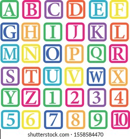 Colorful Baby blocks alphabet Vector Illustration isolated on white background. alphabet for children Card for learning alphabet and numbers