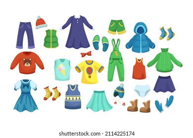 Colorful baby clothes for boy and girl cartoon illustration set. Hand drawn pants, dresses, blouses, accessories, socks, winter jacket and cap on white background. Childrens wardrobe, fashion concept