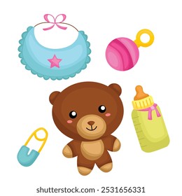 Colorful Baby Clothes Fashion Stuff Toys Bear Animal Cartoon Illustration Vector Clipart Sticker Decoration