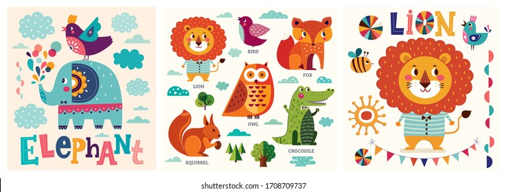 Colorful baby collection of funny animals owl, cat, bird, crocodile, lion, fox and children poster design with lion and elephant