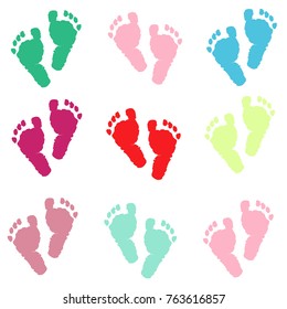 Colorful baby foot prints. Baby shower baby greeting background