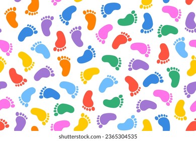 Colorful baby footprint doodle seamless pattern. Cute footprint background.