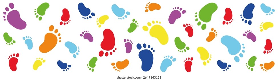 Colorful baby footprints banner. Multicolored foot prints. Cute children's feet design for kids decor, baby shower, textile, background, web banner, or nursery