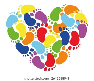 Colorful Baby Footprints in Heart Shape. Multicolor Foot Print Symbol of Love, Family, Childhood, Care and Diversity. Abstract Infant Feet Design for Maternity, Adoption, Parenting Themes