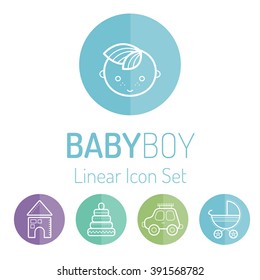 Colorful Baby Icon Set (smiling Little Boy And Boy's Toys). Outlined Round Badges. Bright And Happy Color Palette